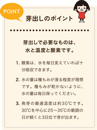 芽出しのポイント 芽出しで必要なものは、水と温度と酸素です。　1.酸素は、水を毎日変えていれば十分吸収できます。 2.水の量は種もみが浸る程度が理想です。種もみが乾かないように、水の量は毎日保ってください。 3.発芽の最適温度は約30℃です。30℃を中心に25～35℃の範囲の日が続くと3日位で芽が出ます。