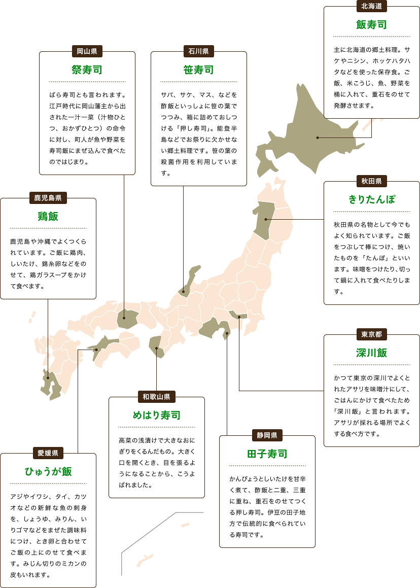 北海道 飯寿司 : 主に北海道の郷土料理。サケやニシン、ホッケハタハタなどを使った保存食。ご飯、米こうじ、魚、野菜を桶に入れて、重石をのせて発酵させます。、秋田県 きりたんぽ : 秋田県の名物として今でもよく知られています。ご飯をつぶして棒につけ、焼いたものを「たんぽ」といいます。味噌をつけたり、切って鍋に入れて食べたりします。、東京都 深川飯 : かつて東京の深川でよくとれたアサリを味噌汁にして、ごはんにかけて食べたため「深川飯」と言われます。アサリが採れる場所でよくする食べ方です。、静岡県 田子寿司 : かんぴょうとしいたけを甘辛く煮て、酢飯と二重、三重に重ね、重石をのせてつくる押し寿司。伊豆の田子地方で伝統的に食べられている寿司です。、石川県 笹寿司 : サバ、サケ、マス、などを酢飯といっしょに笹の葉でつつみ、箱に詰めておしつける「押し寿司」。能登半島などでお祭りに欠かせない郷土料理です。笹の葉の殺菌作用を利用しています。、和歌山県 めはり寿司 : 高菜の浅漬けで大きなおにぎりをくるんだもの。大きく口を開くとき、目を張るようになることから、こうよばれました。、岡山県 祭寿司 : ばら寿司とも言われます。江戸時代に岡山藩主から出された一汁一菜（汁物ひとつ、おかずひとつ）の命令に対し、町人が魚や野菜を寿司飯にまぜ込んで食べたのではじまり。、愛媛県 ひゅうが飯 : アジやイワシ、タイ、カツオなどの新鮮な魚の刺身を、しょうゆ、みりん、いりゴマなどをまぜた調味料につけ、とき卵と合わせてご飯の上にのせて食べます。みじん切りのミカンの皮もいれます。、鹿児島県 鶏飯 : 鹿児島や沖縄でよくつくられています。ご飯に鶏肉、しいたけ、錦糸卵などをのせて、鶏ガラスープをかけて食べます。
