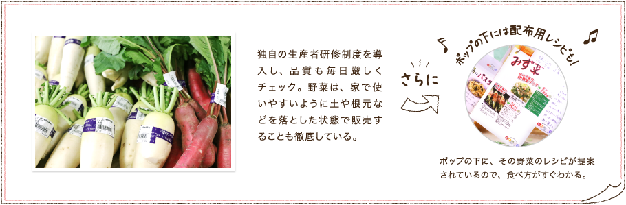 名物店長のこだわり 独自の生産者研修制度を導入し、品質も毎日厳しくチェック。野菜は、家で使いやすいように土や根元などを落とした状態で販売することも徹底している。 さらにポップの下には配布用レシピも！ポップの下に、その野菜のレシピが提案されているので、食べ方がすぐわかる。