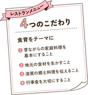 レストランメニュー　４つのこだわり　食育をテーマに　(1)昔ながらの家庭料理を基本にすること (2)地元の食材を生かすこと (3)滋賀の郷土料理を伝えること (4)行事食を大切にすること
