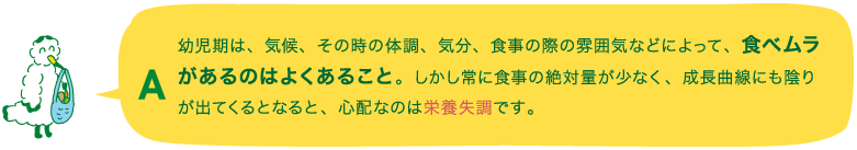 A.幼児期は、気候、その時の体調、気分、食事の際の雰囲気などによって、食べムラがあるのはよくあること。しかし常に食事の絶対量が少なく、成長曲線にも陰りが出てくるとなると、心配なのは栄養失調です。