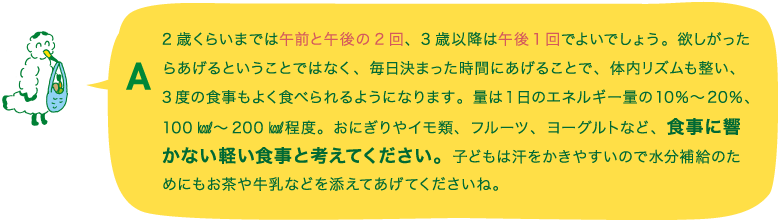 A.2歳くらいまでは午前と午後の2回、3歳以降は午後1回でよいでしょう。欲しがったらあげるということではなく、毎日決まった時間にあげることで、体内リズムも整い、3度の食事もよく食べられるようになります。量は1日のエネルギー量の10％～20％、100㎉～200㎉程度。おにぎりやイモ類、フルーツ、ヨーグルトなど、食事に響かない軽い食事と考えてください。子どもは汗をかきやすいので水分補給のためにもお茶や牛乳などを添えてあげてくださいね。