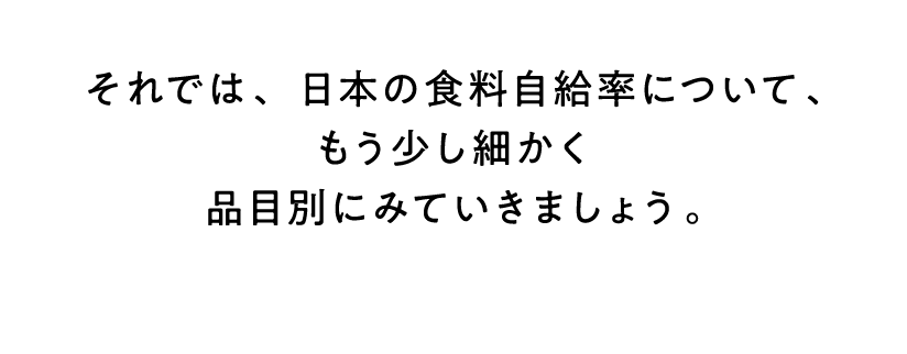 それでは、日本の食料自給率について、もう少し細かく品目別にみていきましょう。