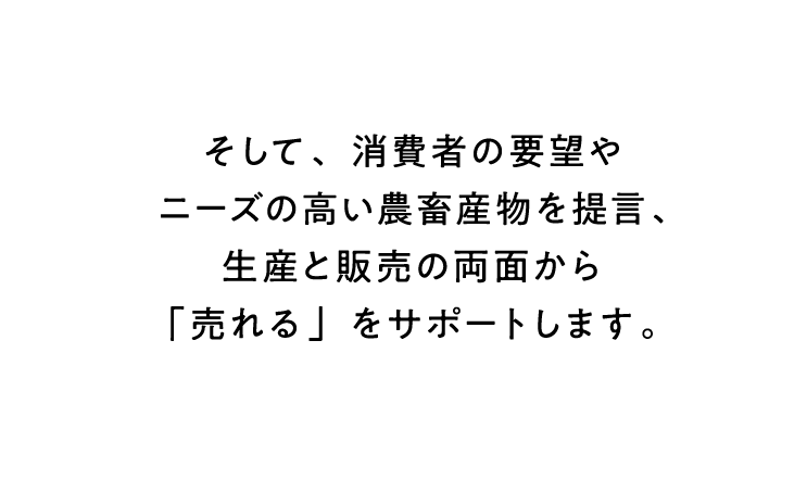 そして、消費者の要望やニーズの高い農畜産物を提言、生産と販売の両面から「売れる」をサポートします。