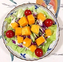 レタス 、紫キャベツ、胡瓜、マンゴーのサラダ