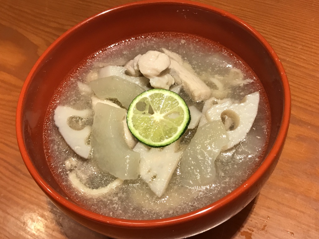 美馬太きゅうりとレンコン、阿波尾鶏のさっぱりスダチスープ