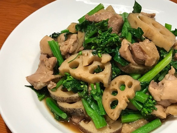 鶏肉、はなっこりー、レンコンとダイコンの照り焼き